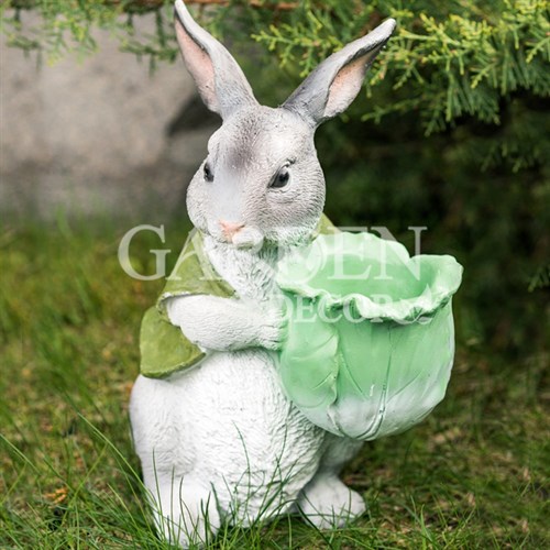 Фигура садовая Заяц с капустой серый кашпо U09093-Gray - фото 64994
