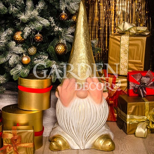 Фигура Гном невидец в колпаке бело-золотой стеклопластик F08369-WG - фото 84941